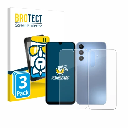 Face avant d’un emballage produit avec le logo de la marque BROTECT. À côté, l’appareil Samsung Galaxy A15 (Avant+Arrière) est