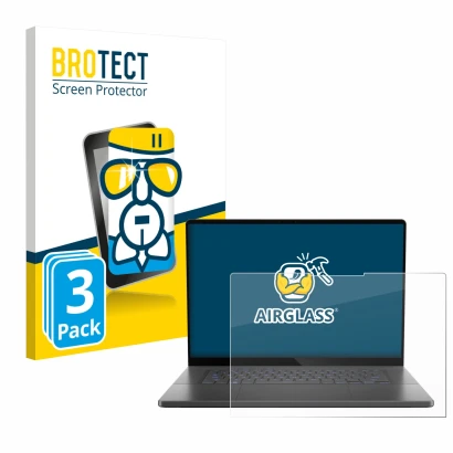 Face avant d’un emballage produit avec le logo de la marque BROTECT. À côté, l’appareil ASUS ROG Zephyrus G16 2024 est représe