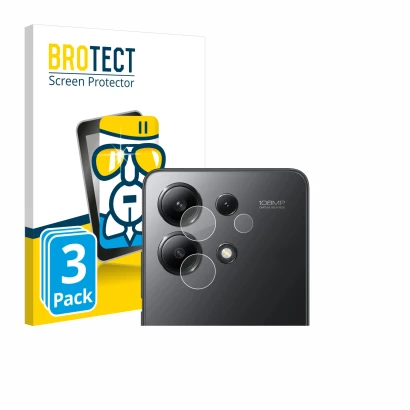 Face avant d’un emballage produit avec le logo de la marque BROTECT. À côté, l’appareil Xiaomi Redmi Note 13 (Caméra UNIQUEMEN