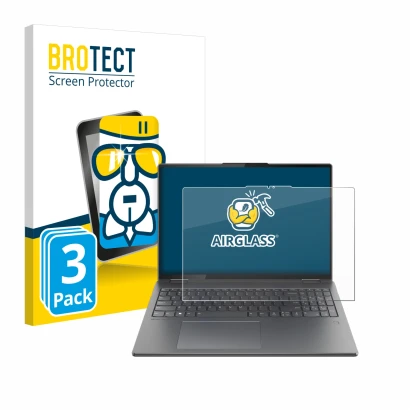 Face avant d’un emballage produit avec le logo de la marque BROTECT. À côté, l’appareil Lenovo Yoga 7i 2-in-1 Gen 9 16" est re