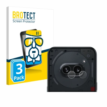 Face avant d’un emballage produit avec le logo de la marque BROTECT. À côté, l’appareil Nothing Phone (2a) (Caméra UNIQUEMENT)