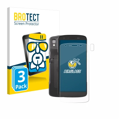 Face avant d’un emballage produit avec le logo de la marque BROTECT. À côté, l’appareil Zebra TC22 (Avant+Caméra) est représen