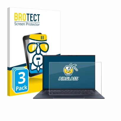 Face avant d’un emballage produit avec le logo de la marque BROTECT. À côté, l’appareil ASUS ExpertBook B9 B9403 est représent