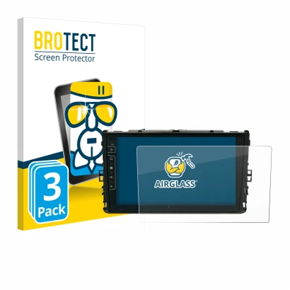 Face avant d’un emballage produit avec le logo de la marque BROTECT. À côté, l’appareil Dynavin D9-T6 est représenté avec la p
