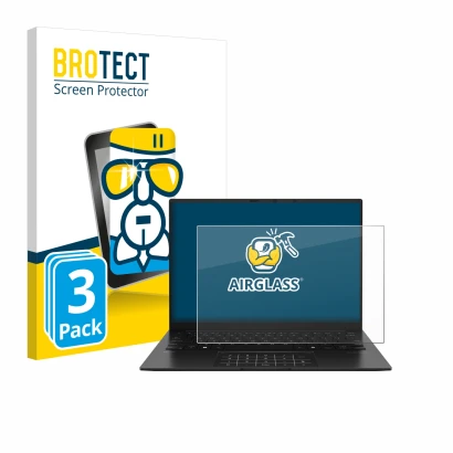 Face avant d’un emballage produit avec le logo de la marque BROTECT. À côté, l’appareil ASUS ZenBook 14 OLED UM3406 est représ