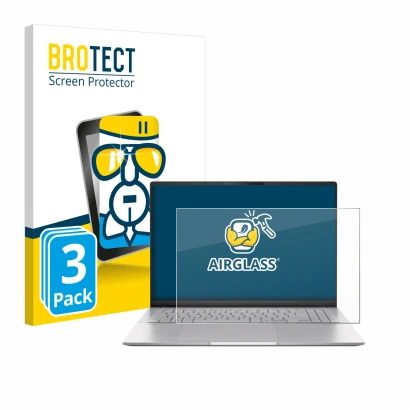 Face avant d’un emballage produit avec le logo de la marque BROTECT. À côté, l’appareil ASUS Vivobook S16 OLED M5606 est repré