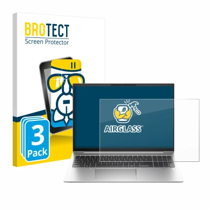 Face avant d’un emballage produit avec le logo de la marque BROTECT. À côté, l’appareil HP EliteBook 860 G11 est représenté av