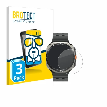 Face avant d’un emballage produit avec le logo de la marque BROTECT. À côté, l’appareil Samsung Galaxy Watch Ultra (47 mm) est