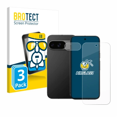 Face avant d’un emballage produit avec le logo de la marque BROTECT. À côté, l’appareil Google Pixel 9 (Avant+Caméra) est repr