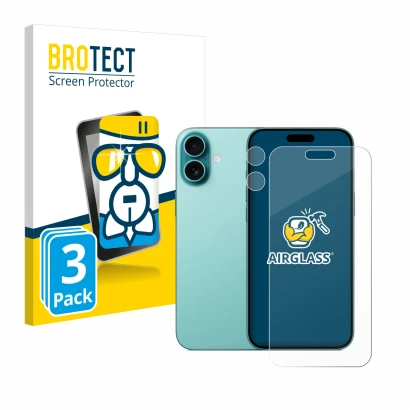 Face avant d’un emballage produit avec le logo de la marque BROTECT. À côté, l’appareil Apple iPhone 16 Plus (Avant+Caméra) es