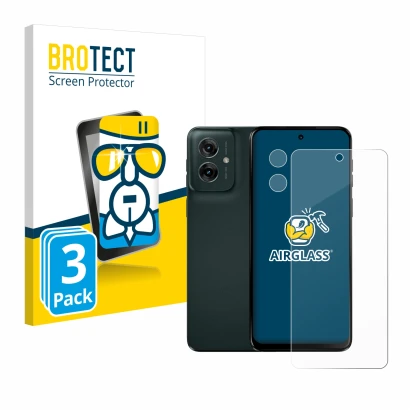Face avant d’un emballage produit avec le logo de la marque BROTECT. À côté, l’appareil Motorola Moto G55 (Avant+Caméra) est r