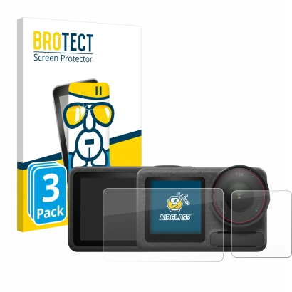 Face avant d’un emballage produit avec le logo de la marque BROTECT. À côté, l’appareil DJI Osmo Action 5 Pro (case-friendly) 