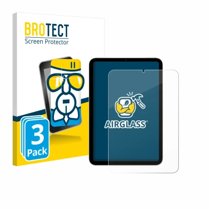 Face avant d’un emballage produit avec le logo de la marque BROTECT. À côté, l’appareil Apple iPad Mini 7 2024 est représenté