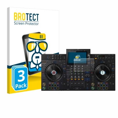Face avant d’un emballage produit avec le logo de la marque BROTECT. À côté, l’appareil AlphaTheta XDJ-AZ est représenté avec 