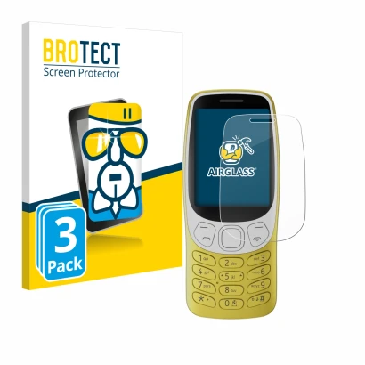 Face avant d’un emballage produit avec le logo de la marque BROTECT. À côté, l’appareil Nokia 3210 est représenté avec la prot