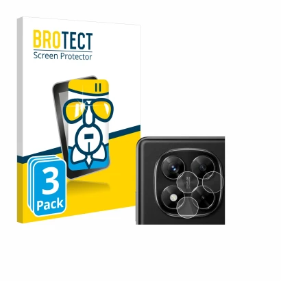 Face avant d’un emballage produit avec le logo de la marque BROTECT. À côté, l’appareil Xiaomi Redmi Note 14 Pro (Caméra UNIQU