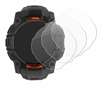 Image de l'appareil Garmin Instinct 3 Solar (50 mm) avec une grande variété de protections d'écran.