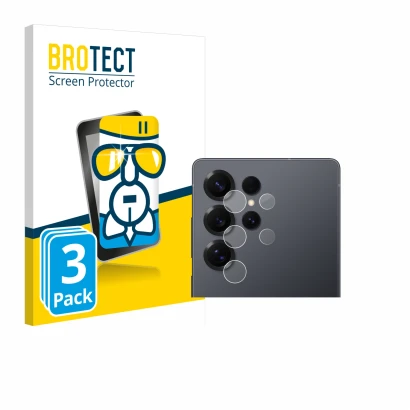 Face avant d’un emballage produit avec le logo de la marque BROTECT. À côté, l’appareil Samsung Galaxy S25 Ultra (Caméra UNIQU