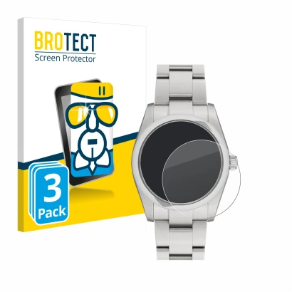 Face avant d’un emballage produit avec le logo de la marque BROTECT. À côté, l’appareil Rolex Oyster Perpetual 34 est représen