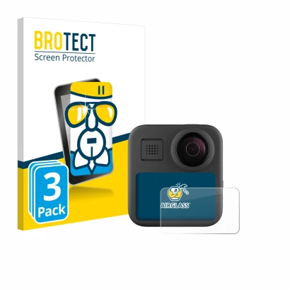 Face avant d’un emballage produit avec le logo de la marque BROTECT. À côté, l’appareil GoPro Max (2025) est représenté avec l