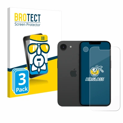 Face avant d’un emballage produit avec le logo de la marque BROTECT. À côté, l’appareil Apple iPhone 16e (Avant+Caméra) est re