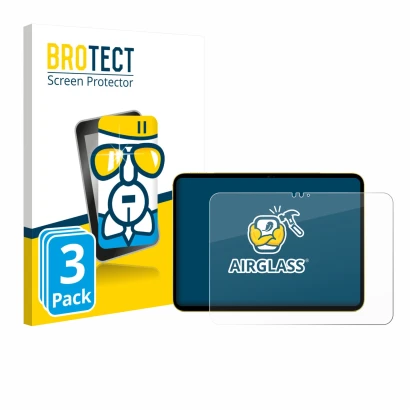Face avant d’un emballage produit avec le logo de la marque BROTECT. À côté, l’appareil Apple iPad Air 11" M3 2025 est représe