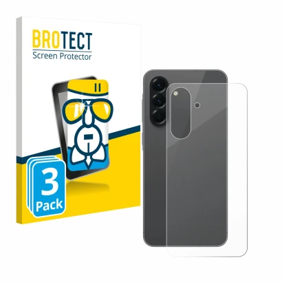 Face avant d’un emballage produit avec le logo de la marque BROTECT. À côté, l’appareil Samsung Galaxy A56 5G (Arrière) est re
