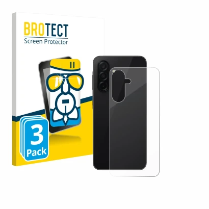 Face avant d’un emballage produit avec le logo de la marque BROTECT. À côté, l’appareil Samsung Galaxy A26 5G (Arrière) est re