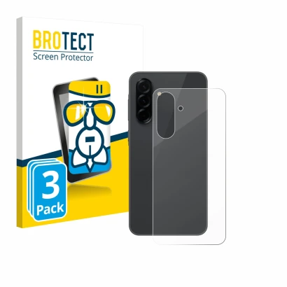 Face avant d’un emballage produit avec le logo de la marque BROTECT. À côté, l’appareil Samsung Galaxy A36 5G (Arrière) est re