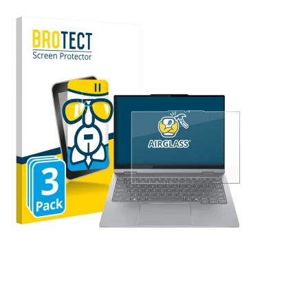 Face avant d’un emballage produit avec le logo de la marque BROTECT. À côté, l’appareil Lenovo ThinkBook 14 2-in-1 Gen 5 est r