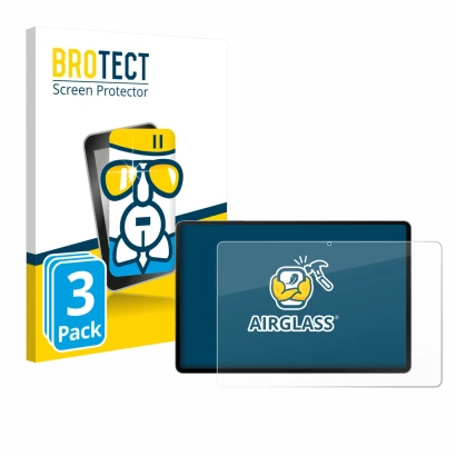 Face avant d’un emballage produit avec le logo de la marque BROTECT. À côté, l’appareil Samsung Galaxy Tab S10 FE+ WiFi est re