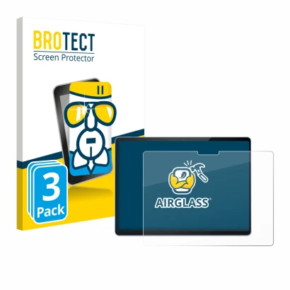 Face avant d’un emballage produit avec le logo de la marque BROTECT. À côté, l’appareil Microsoft Surface Pro 13 est représent