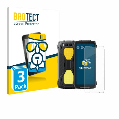 Face avant d’un emballage produit avec le logo de la marque BROTECT. À côté, l’appareil Blackview BV7300 (Avant+Caméra) est re