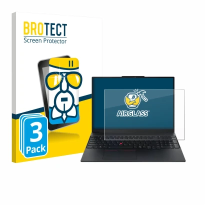 Face avant d’un emballage produit avec le logo de la marque BROTECT. À côté, l’appareil Lenovo ThinkPad E16 Gen 3 est représen