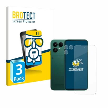 Face avant d’un emballage produit avec le logo de la marque BROTECT. À côté, l’appareil Fairphone 6 (Avant+Caméra) est représe