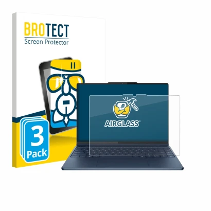 Face avant d’un emballage produit avec le logo de la marque BROTECT. À côté, l’appareil Lenovo Yoga Pro 9i Gen 10 Aura Edition