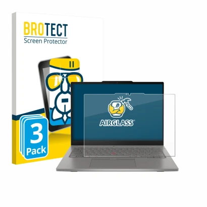 Face avant d’un emballage produit avec le logo de la marque BROTECT. À côté, l’appareil Lenovo ThinkPad L13 2-in-1 Gen 6 est r