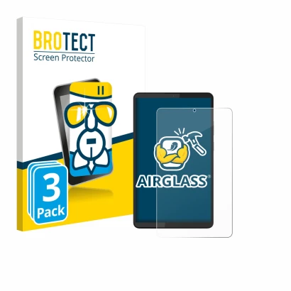 Face avant d’un emballage produit avec le logo de la marque BROTECT. À côté, l’appareil Lenovo Tab One 8.7" est représenté ave