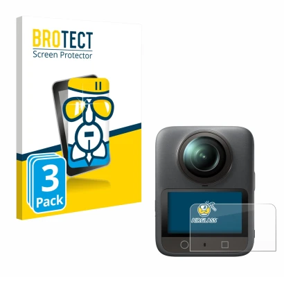 Face avant d’un emballage produit avec le logo de la marque BROTECT. À côté, l’appareil DJI Osmo 360 est représenté avec la pr