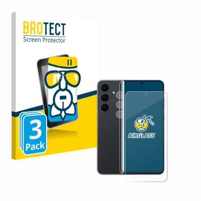 Face avant d’un emballage produit avec le logo de la marque BROTECT. À côté, l’appareil Samsung Galaxy S25 FE (Avant+Caméra) e