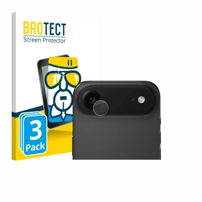 Face avant d’un emballage produit avec le logo de la marque BROTECT. À côté, l’appareil Apple iPhone Air (Caméra UNIQUEMENT) e