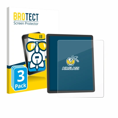 Face avant d’un emballage produit avec le logo de la marque BROTECT. À côté, l’appareil Amazon Kindle Scribe 2025 est représen