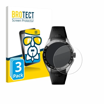 Face avant d’un emballage produit avec le logo de la marque BROTECT. À côté, l’appareil TAG Heuer Connected Calibre E5 (45 mm)