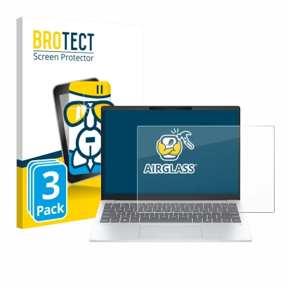 Face avant d’un emballage produit avec le logo de la marque BROTECT. À côté, l’appareil HP OmniBook 7 Aero 13 est représenté a