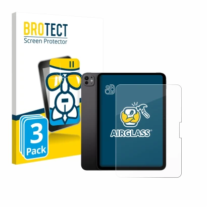 Face avant d’un emballage produit avec le logo de la marque BROTECT. À côté, l’appareil Apple iPad Pro 11" 2025 (Avant+Caméra)