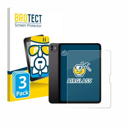 Face avant d’un emballage produit avec le logo de la marque BROTECT. À côté, l’appareil Apple iPad Pro 13" 2024 (Avant+Caméra)