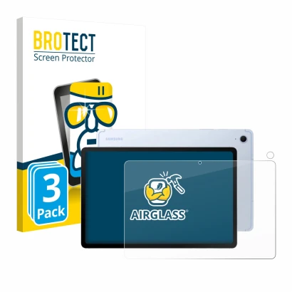 Face avant d’un emballage produit avec le logo de la marque BROTECT. À côté, l’appareil Samsung Galaxy Tab S10 FE (Avant+Camér