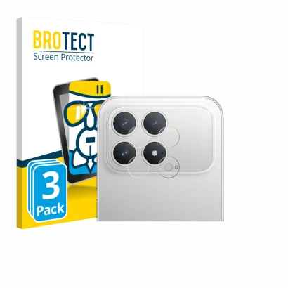 Face avant d’un emballage produit avec le logo de la marque BROTECT. À côté, l’appareil Xiaomi Poco F8 Pro (Caméra UNIQUEMENT)