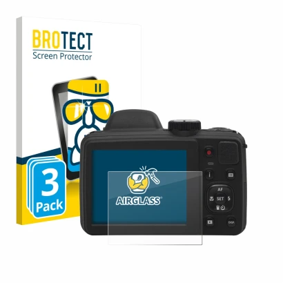 Face avant d’un emballage produit avec le logo de la marque BROTECT. À côté, l’appareil Kodak Pixpro AZ405 est représenté avec