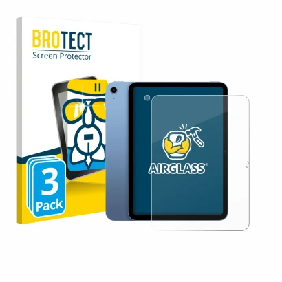 Face avant d’un emballage produit avec le logo de la marque BROTECT. À côté, l’appareil Apple iPad 10.9